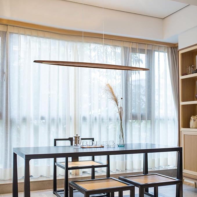 Wood Linear Pendant Hanging Light Fixture Minimalist Light Linear Chandelier Wood Kitchen Island Lighting 40w Dimmable for Dining Room Dining Table Living Room Pool Table Walnut Color - Aura Lighting