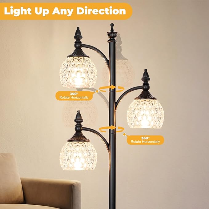JUNNAI Glass Floor Lamp 66.5in Black Standing Lamps for Living Room with 3 Brightness Lights Vintage Retro Corner Lamp for Bedroom Office(3LED Bulbs Included)