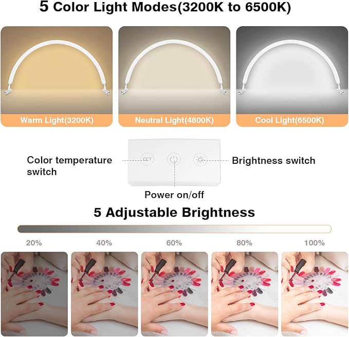 Half Moon Light for Nail Desk, 30'' Large Half Moon Desk Lamp with Phone Holder, Professional Nail Tech Light with 3 Color Modes and 5 Brightness for Manicure Salon and Handicraft (White)