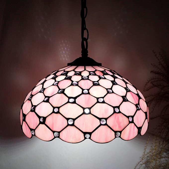 Tiffany Lamp Shade Replacement 12X6 Inch Stained Glass Lampshade Only 1-5/8-Inch Fitter Opening for Arched Floor Lamp, Torchiere Lamp, Pendant Light (Pink Pear Bead)