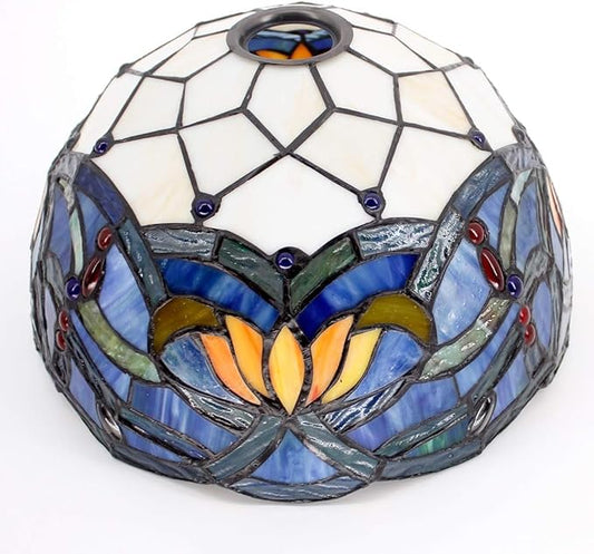 Tiffany Lamp Shade Replacement 12X6 Inch Stained Glass Lampshade Only 1-5/8-Inch Fitter Opening for Arched Floor Lamp, Torchiere Lamp, Pendant Light (Blue Lotus)