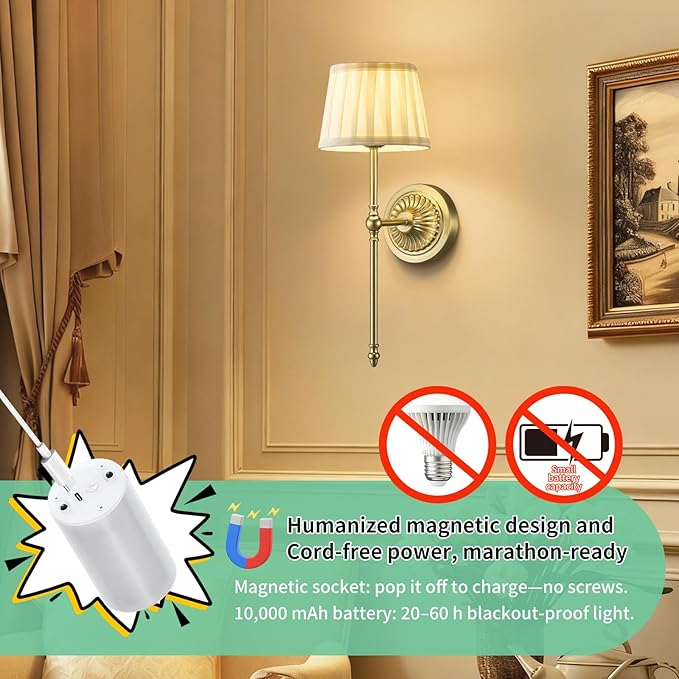 Cordless Wall Sconces Set of 2,10000mAh Battery Operated Wall Sconces Set of Two with RGB LED, Remote, Timer & Dimmable Fabric Gold Wall Lamps for Bedroom, Living Room, Hallway, Night Light (Gold) - Aura Lighting