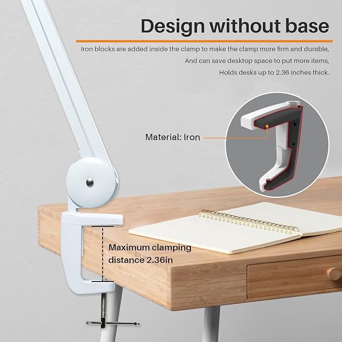 LED Architect Desk Lamp with Clamp, Metal Swing Arm 2000 Lumens Dimming Office Table Lamp for Task Work Drafting Reading Desktop, 117PCS Bright LEDs, 24W Workbench Lamp(White) - Aura Lighting