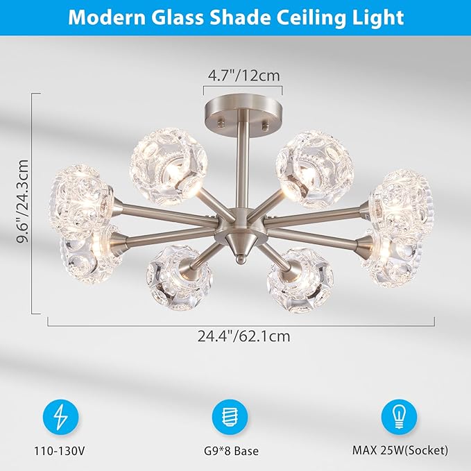 XINGQI Brushed Nickel Ceiling 8 Light Modern 24" Semi Flush Mount Sputnik Ceiling Light Fixture Industrial Chandelier Farmhouse Lighting for Hallway Dining Room Living Room Kitchen Bedroom - Aura Lighting