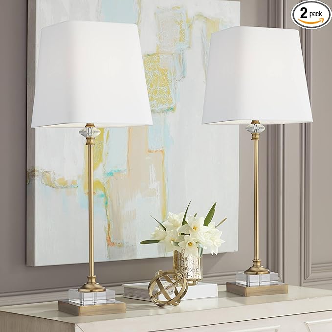 Regency Hill Julia 29 1/2" Tall Skinny Buffet Traditional Glam End Table Lamps Set of 2 Gold Clear Crystal Metal Living Room Bedroom Bedside Nightstand House Office Home Reading White Shade
