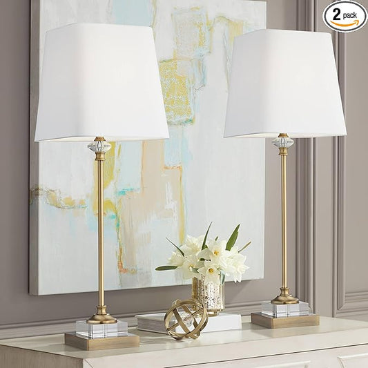 Regency Hill Julia 29 1/2" Tall Skinny Buffet Traditional Glam End Table Lamps Set of 2 Gold Clear Crystal Metal Living Room Bedroom Bedside Nightstand House Office Home Reading White Shade