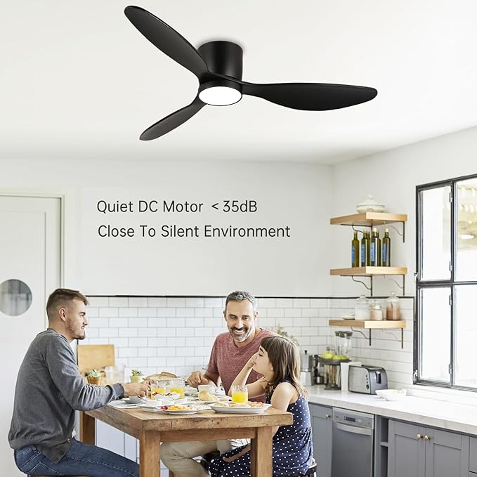 reiga 52 Inch Wood Black Modern Flush Mount Indoor Ceiling Fan with Light and Remote, 3 Propeller Blade, Quiet DC Motor for Bedroom Living Room - Aura Lighting