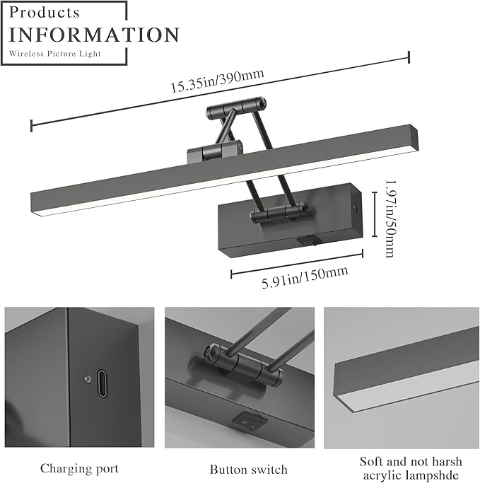 Rechargeable Lights for Pictures on Wall Battery Operated Brushed Grey 15.7 Inch Wall Lights with Swing Arm and Timer Function Cordless Art Light with Remote Timer for Paintings,Gallery