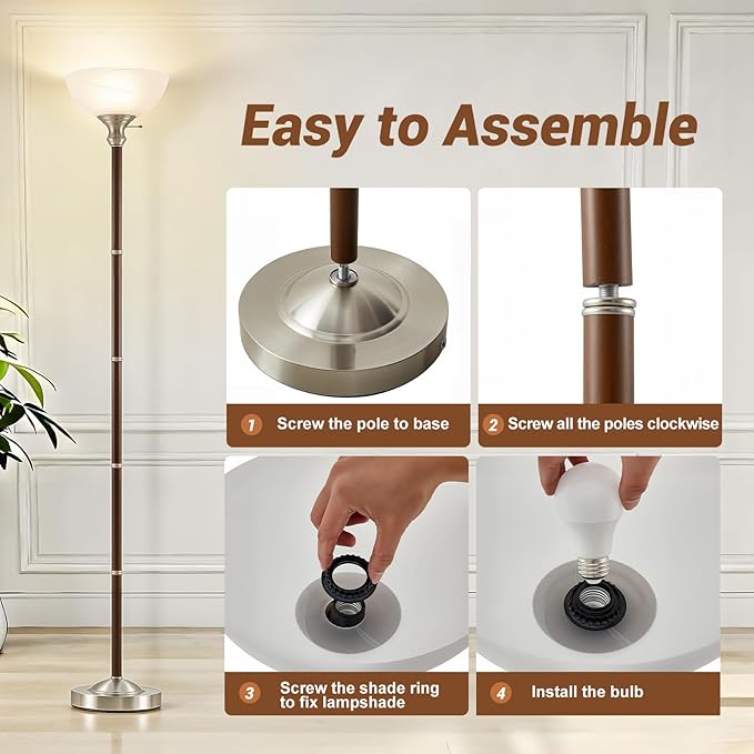 Wood Floor Lamp for Living Room - Walnut Standing Lamp with Glass Shade Torchiere Floor Lamps for Bedroom - Mid Century Modern Corner Tall Lamps for Home Office Nursery Industrial Reading Light
