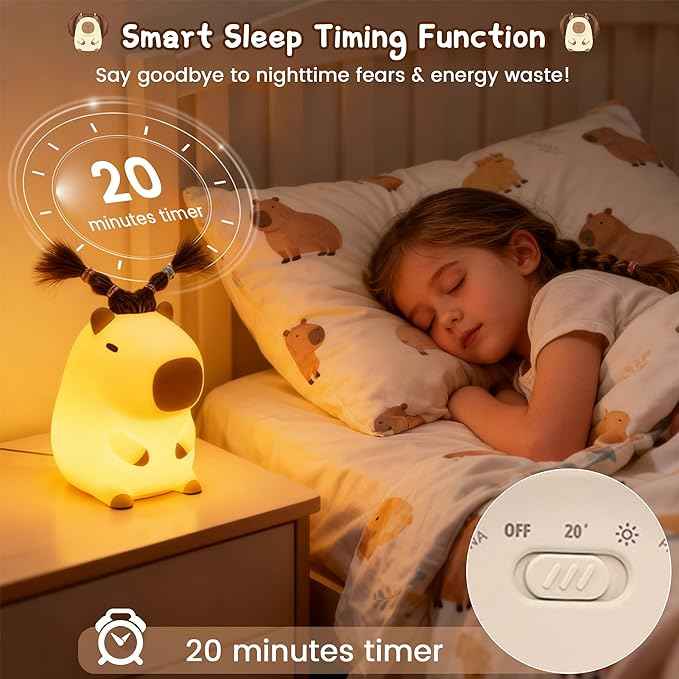 Cute Capybara Night Light with DIY Hairstyle ,Squishy Silicone Lamp, Nursery Nightlight for Kids, Rechargeable Touch Bedside Lamp, Bedroom Decor, Baby Boys Girls,White Elephant Gifts,Funny Xmas Gifts