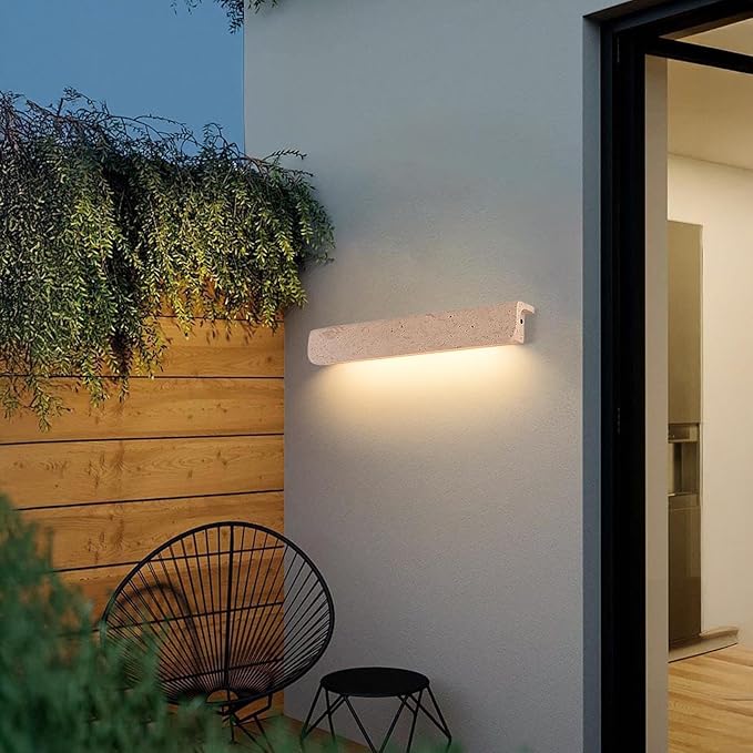 Outdoor/Indoor Yellow Travertine Wall Sconces, Nordic Style Natural Stone LED Wall Lamp, IP65 Waterproof Exterior Lighting Fixtures, Wabi-Sabi Art Decor Wall Light for Patio Garage(32cm)