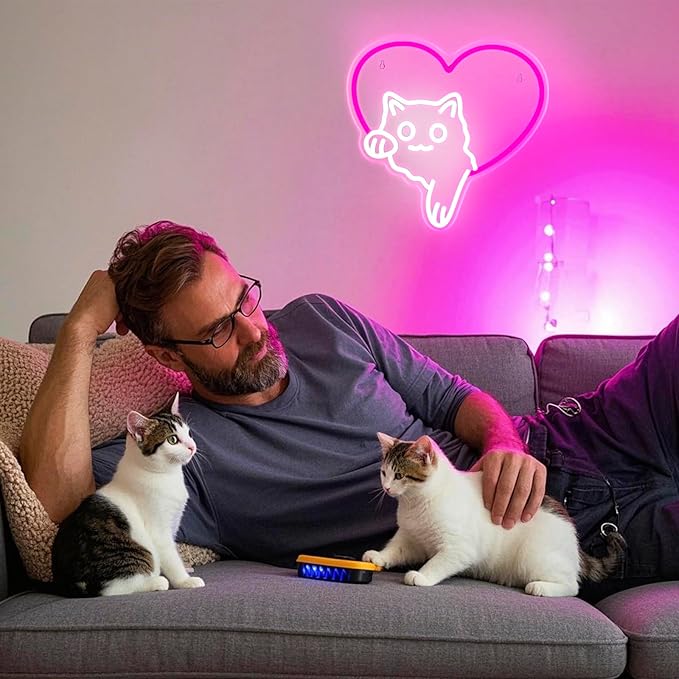 Cat Neon Sign Cute Pink Heart Cat LED Lights, Dimmable Animal Neon Sign for Wall Decor, Cat Lover Gift, Bedroom Wall Art, Living Room, Game Room, Pet Shop, Kawaii Home Accent(12.91 × 13.11 in)