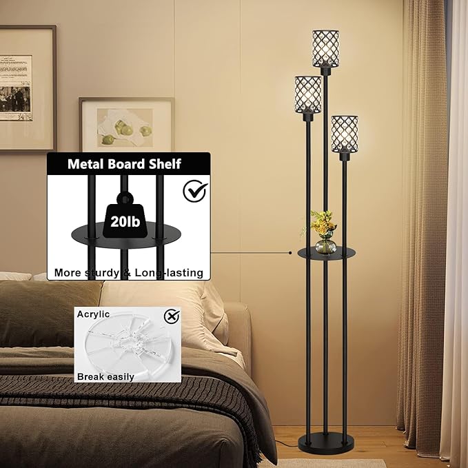 Gold Floor Lamps for Living Room, Standing Floor Lamp with shelves, Tall Lamp with Table, Modern Mid Century Floor Lamp with E26 Base, Coner Crystal Floor Light for Bedroom (Without Bulb) (Black)