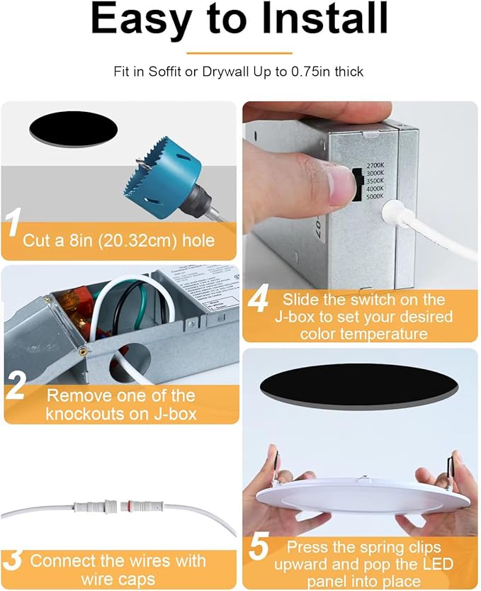 ZYC 8 Inch Recessed Lighting - 18W 1802LM Black Recessed Lighting,Dimmable 5CCT 2700K/3000K/3500K/4000K/5000K Selectable,IC Rated,Ultra-Thin Dimmable Canless Wafer Downlight Pack of 6 Black.