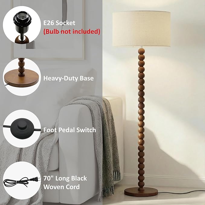 Buruis 61" Beaded Wood Floor Lamp with 17.2" Large Linen Shade, UL Listed, Retro Mid-Century Accent Walnut Finish Standing Lamp for Living Room, Bedroom, Office, Corner, Bulb Not Included, Beige