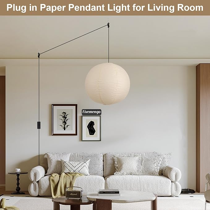 Paper Lantern Lamp Plug in Hanging Lamp, 20in Off-White Rice Paper Pendant Light with 19.7FT Cord Large Globe Japanese Japandi Wabi Sabi Chandelier for Dining Living Room Bedroom 1 Pack