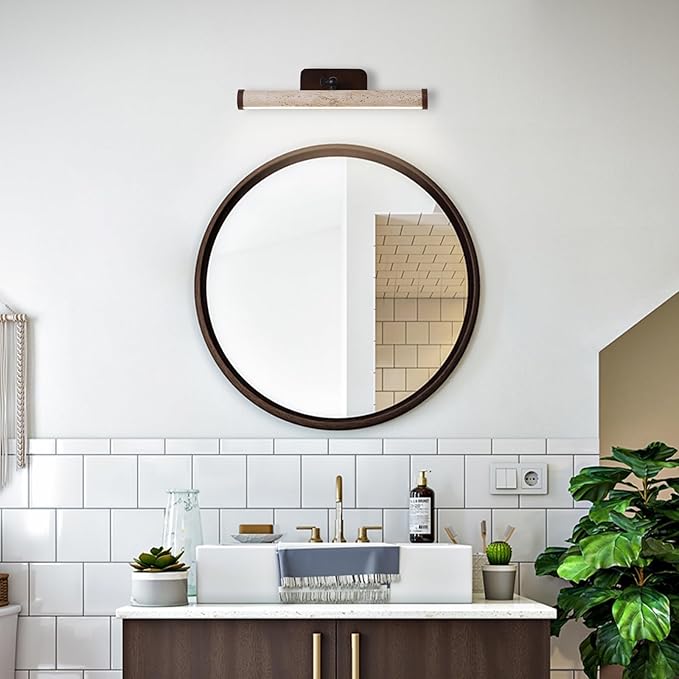 Yellow Travertine Bathroom Light Fixtures, Natural Stone LED Vanity Lamp for Over Mirror, 180° Adjustable, Japanese Style Wabi-sabi Marble Wall Light for Bedroom Artwork Poster