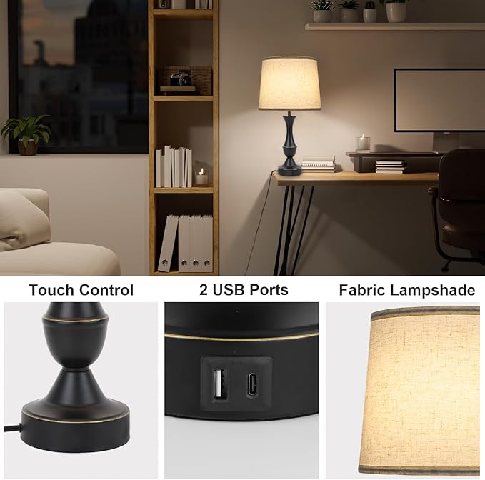 LALISU Touch Lamps for Bedrooms Set of 2, Farmhouse Table Lamp with USB C Charging Port, 3 Way Dimmable Nightstand Lamps with Linen Fabric Lampshade for Bedroom, Living Room (Pack2-Black)