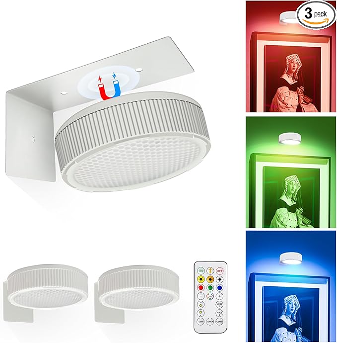 Wireless Picture Light, 20 RGB Color Magnetic Lights, Adjustable Timer Led Picture Frame Art Display Light, Wireless Gallery Display Wall Photo Light, 3 Pack White