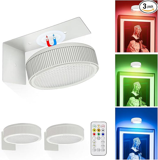 Wireless Picture Light, 20 RGB Color Magnetic Lights, Adjustable Timer Led Picture Frame Art Display Light, Wireless Gallery Display Wall Photo Light, 3 Pack White