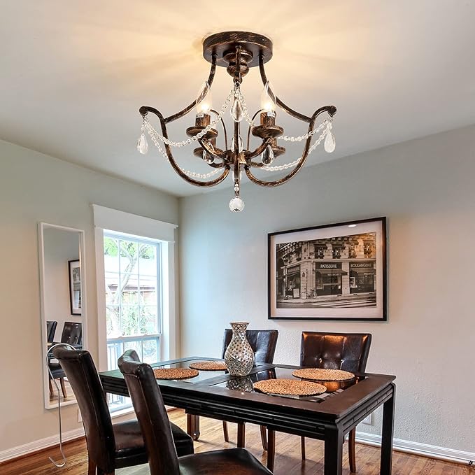 UOFUS Vintage Semi Flush Mount Crystal Chandelier Oil Rubbed Bronze 4-Light Small Metal Ceiling Light Fixture Farmhouse Ceiling Lamp for Foyer Kitchen Entryway Hallway Bathroom Bedroom Dining Room - Aura Lighting