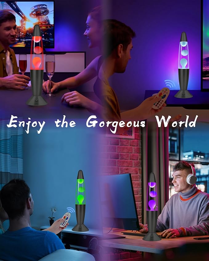 17 LED Colors Changing Magma Motion Lamp, 16" Black Liquid Light for Living Room Office Bedroom, Remote Night Light for Kids Adults, Bedside Table Lamp for Christmas Valentine's Day Gift (Pink Wax)