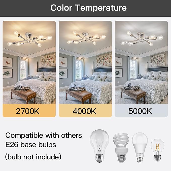 ZGLAOJT 6-Lights Semi Flush Mount Ceiling Light Fixture，Chrome Industrial Chandelier，Farmhouse Lighting for Dining Room Living Room Kitchen Bedroom