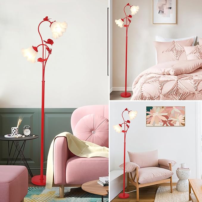 HMVPL Red Floor Lamp for Living Room, Flower Standing Lamp with 2 LED 5W Blubs, Foot Switch, Floral Tall Lamp with Acrylic Shade, Antique Lotus Flower Floor Lamp for Living Room Office Reading - Aura Lighting