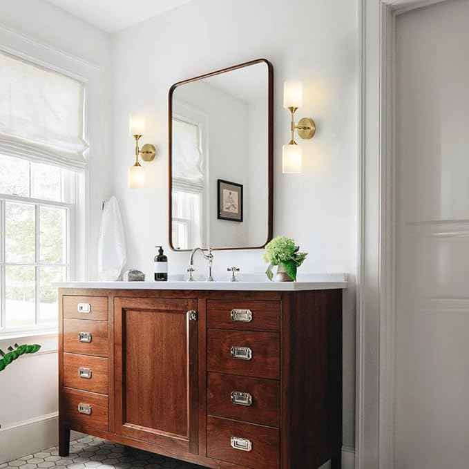 2-Lights Gold Wall Sconce with White Cylinder Glass Shades Modern Mid Century Bathroom Vanity Wall Light Fixtures Industrial Brushed Brass Wall Lamp for Bedroom Mirror Living Room Restaurant