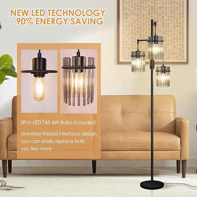 Industrial Floor Lamps for Living Room, Dimmable Floor Lamp Modern Standing Lamps with Glass Lampshade, Rotary Switch, LED Bulbs, Tall Lamps for Bedroom, Office (3 Lampshades(66inch))