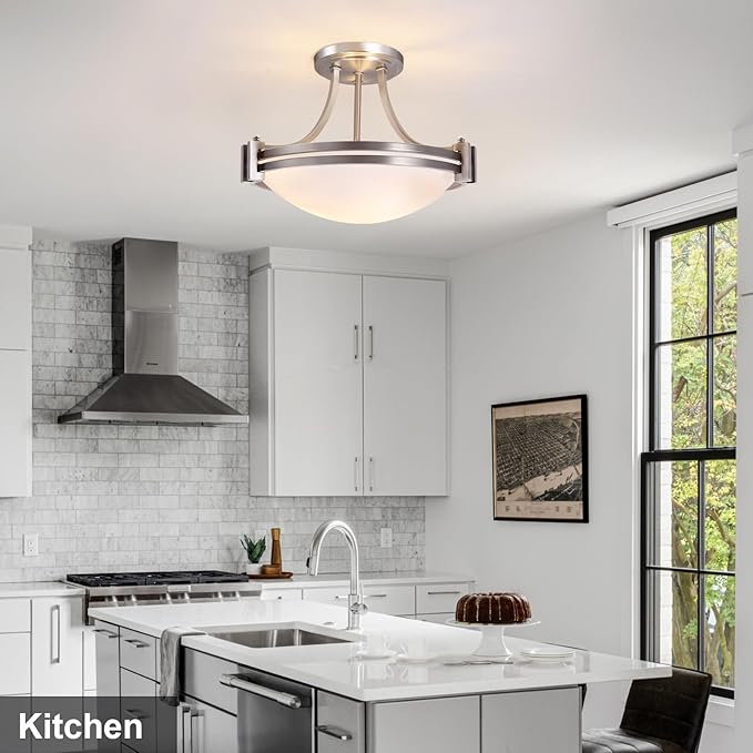 Bektas Semi Flush Mount Ceiling Light Fixture,12inch Brushed Nickel Flush Mount Ceiling Light with Milk Glass for Bedroom,Kitchen,Bathroom,Hallway,Foyer,Dinning Room(2-Lights)