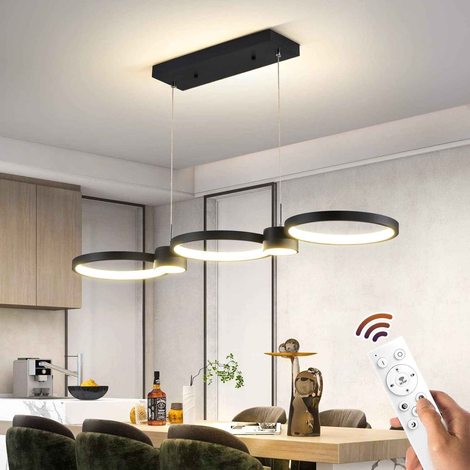 Modern LED Chandelier Light, 3000-6500K Dimmable Modern Pendant Light Fixture with Remote Control, Height-Adjustable Island Light Ceiling Hanging for Dining Room Kitchen (Black, 3Ring- 36IN)