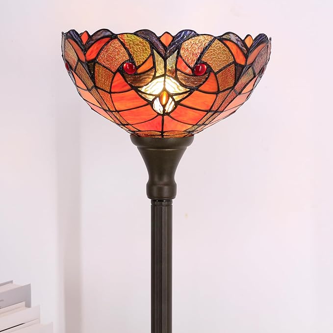 Tiffany Lamp Shade Replacement 12X6 Inch Stained Glass Lampshade Only 1-5/8-Inch Fitter Opening for Arched Floor Lamp, Torchiere Lamp, Pendant Light (Red)