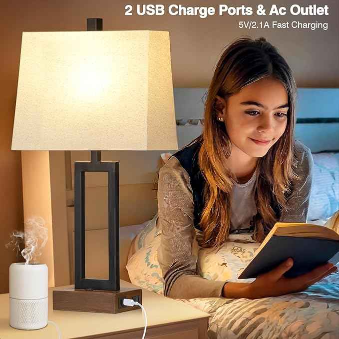 Table Lamp for Bedroom Set of 2 with 2 USB Ports and AC Power Outlet, 23.5" Modern Bedside Lamp, Wood Nightstand Lamp with Linen Shade for Living Room Hotel Desk(LED Bulb Included)