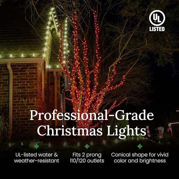 Pro Christmas LED Christmas Lights – 100 Count Wide Angle Conical String Lights – Professional Grade Indoor/Outdoor Commercial Holiday Light Set for Trees, Bushes, & Décor – 2800K Warm White