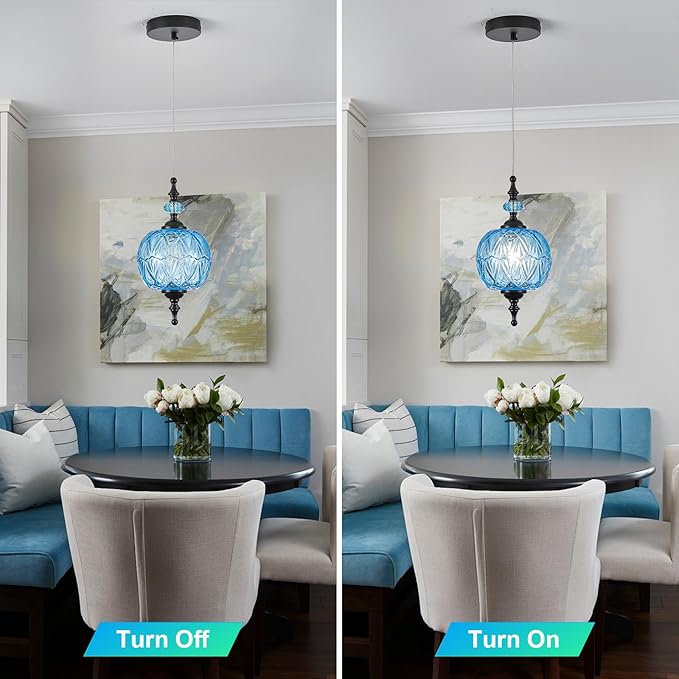 Vintage Blue and Black Glass Pendant Lights Kitchen Island Light Modern Bedroom Pendant Lighting Fixtures Hanging Lamp for Kitchen Island Bedroom Dining Room Coffee Shop Hallway
