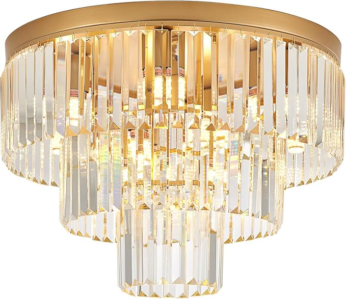 10-Light Gold Crystal Ceiling Light 21.65" Modern Crystal Ceiling Light Fixture 3-Tier Luxury K9 Crystal Flush Mount for Dining Room Kitchen Island Living Room Bedroom Entryway - Aura Lighting
