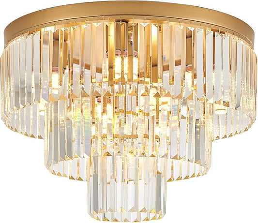 10-Light Gold Crystal Ceiling Light 21.65" Modern Crystal Ceiling Light Fixture 3-Tier Luxury K9 Crystal Flush Mount for Dining Room Kitchen Island Living Room Bedroom Entryway - Aura Lighting