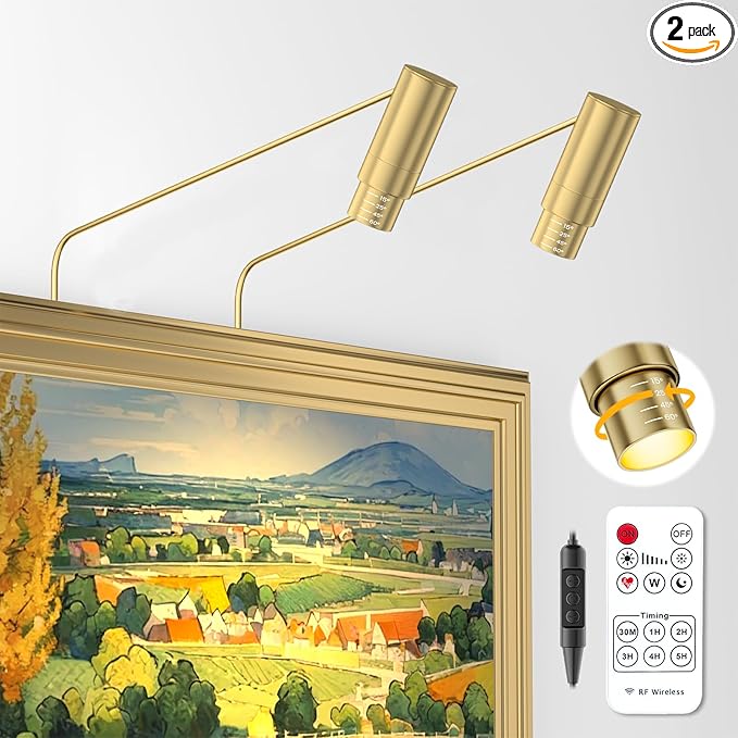 2 Pack Zoomable Picture Light Spotlight,Plug in LED Picture Lights for Wall 3000K Photo Frame Light with Remote Control Art Lighting for Paintings Gold Mini Accent Spotlights for Gallery