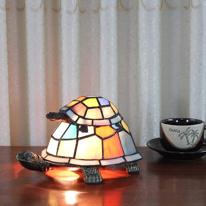 Bieye L10217 Tortoise Tiffany Style Stained Glass Accent Table Lamp for Bedside Living Room Bedroom (Multi-Colored Double)