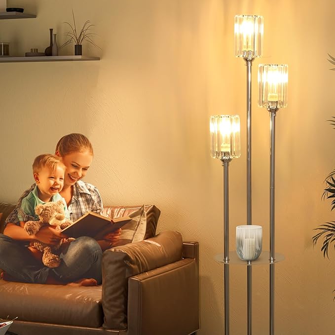 HMVPL Crystal Floor Lamps for Living Room, Modern Floor Lamp with Shelves, 3-Lights Standing Lamp with Crystal Shade, On/Off Foot Switch, Silver Corner Floor Lamp for Bedroom Living Room Office(66") - Aura Lighting