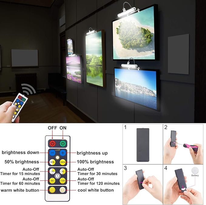 Wireless Picture Light, Painting Lights Cordless, Dartboard Light with Remote, Picture Frame Light with 3 Modes 28 LEDs Rotate Head, 360° Flexible Neck, Clip on Display for Art-Silver