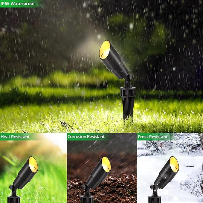 Wowlite 12V Low Voltage Landscape Lighting, Adjustable LED Outdoor Spotlights for House, IP65 Waterproof Matte Black Aluminum Garden Lighting for Trees, Yard, Patio (5W 2700K Warm White Bulb Included) - Aura Lighting