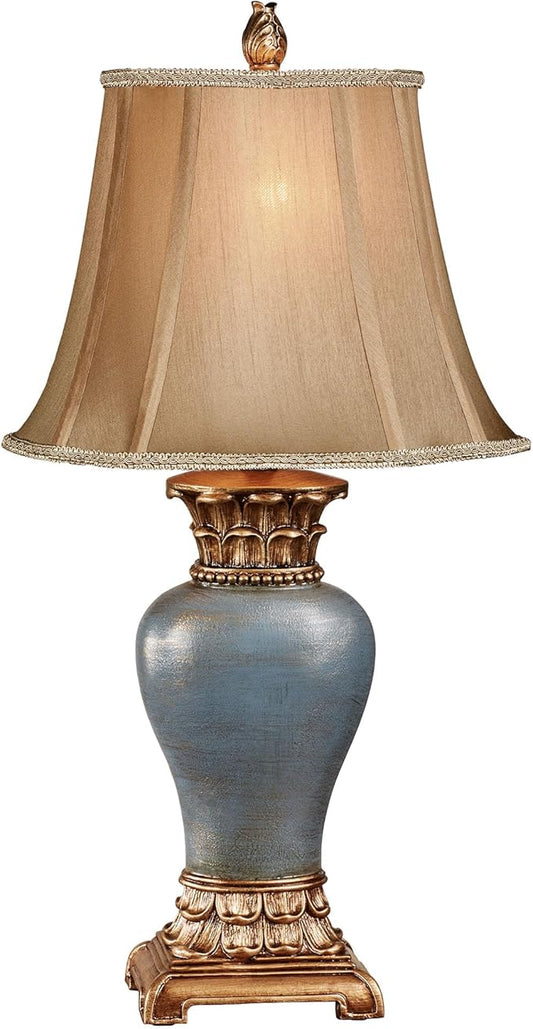 Chapelton Traditional Table Lamp | Finely Handcrafted from Resin | Cool Blue Hue | Metallic Brushed Gold and Antique Gold Accents | Tan Faux Silk Shade | Classically Elegant Tabletop Lighting Design