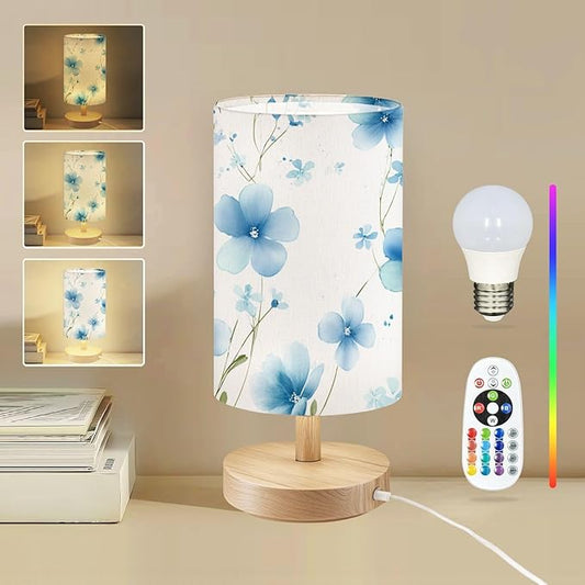 Round Table Lamp for Bedroom Soft Blue Floral Delicate Flowers Green Stems White Beside Lamps Desk lamp with Wood Base Nightstand Lamps for Nursery Living Room Home Decor