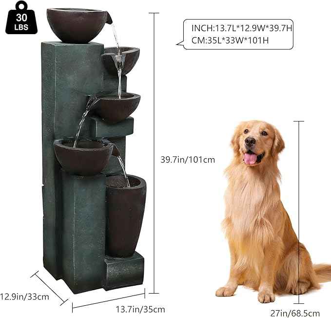 Naturefalls 39.7" Tall Outdoor Water Fountain and Waterfalls - Large Garden Fountain with LED Lights, 5-Tier Cascading, Indoor and Outdoor Fountains for Garden, Patio, Deck, Porch, Backyard and Home
