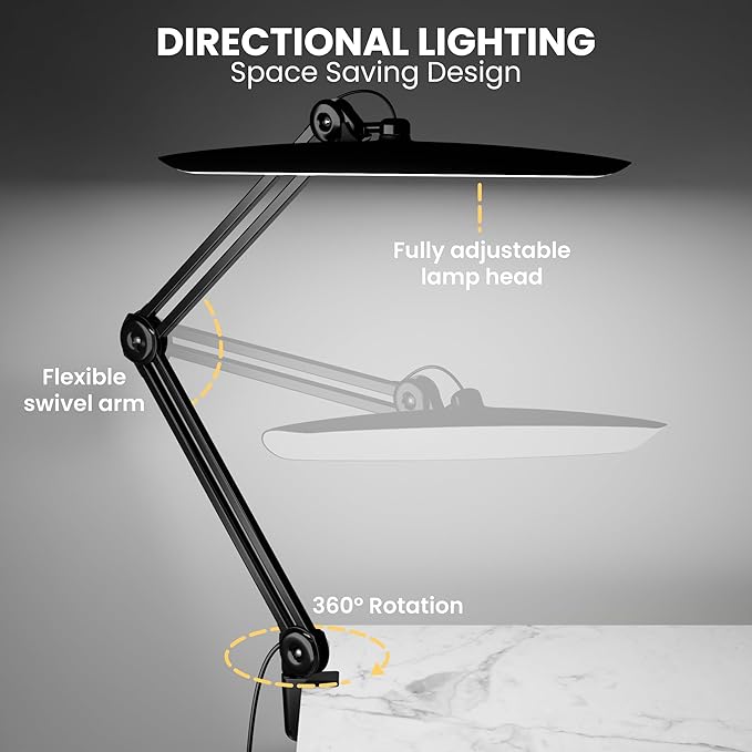 3000 Lumens Adjustable LED Desk Lamp & Task Lamp - Bright, Dimmable Lighting for Office, Crafts, Nails &Salon Hobbies with Clamp (CCT, Black) - Aura Lighting