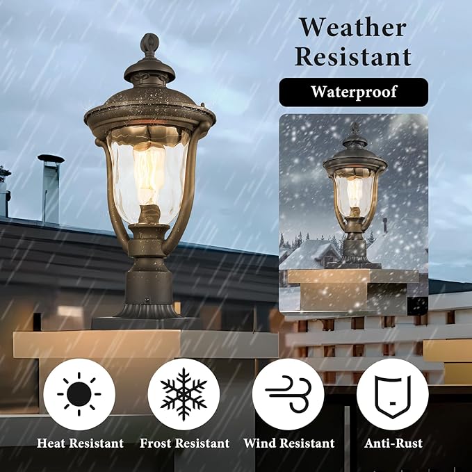 Outdoor Post Lights, Modern Exterior Lamp Posts Light Fixtures, Waterproof and Anti-Rust Aluminum Outside Pole Latern for Porch Patio Garden, Water Ripple Glass Lamp Shade, Black Finish
