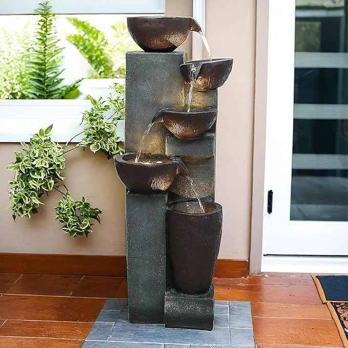 SunJet 5-Tier Outdoor Water Fountain Resin Fountain Decor with LED Lighting Natural Polyresin Looking Stone Decor for Garden Patio Fold Court Yard Deck 12.99" L x 13.78" W x 39.76" H
