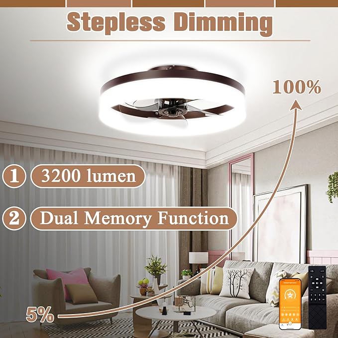 VOLISUN Low Profile Ceiling Fans with Lights and Remote,15.7in Modern Ceiling Fan Flush Mount, 3000K-6500K Dimmable Bladeless LED Fan Light,Brown Fandelier Ceiling Fans with Lights for Bedroom - Aura Lighting